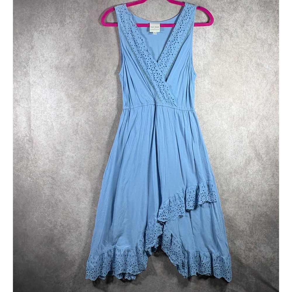 Tracy Reese ANthropologie Dress Womens S Blue Eyelet Lace Asymmetrical Boho